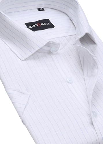 MARK & ALBERT Men's Half Sleeve Cotton Linen Striped Shirt Pure White 4