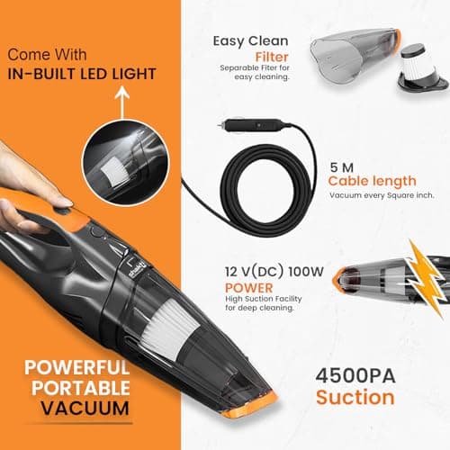 Shakti Technology Cyclone Car Vacuum Cleaner, Hand Held Portable Cars Vacuum for Car Cleaning with DC 12V, 100W Vacuum Motor & 4500 PA Powerful Suction, Black 3