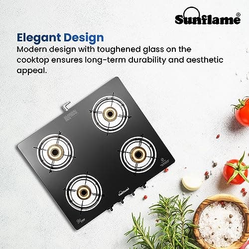 Sunflame Diamond 4 Burner Gas Stove | 2 Medium and 2 Small Brass Burners | 2-Years Product Coverage by Sunflame | Ergonomic Knobs | Toughened Glass Top | Easy to Maintain| PAN India Support 6