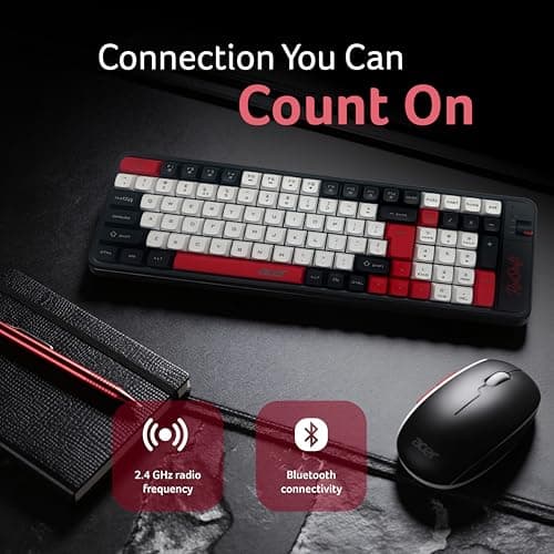 Acer RedShift Wireless Keyboard & Mouse Combo | Bluetooth + 2.4GHz Dual Mode | Multi-Device | 100-Key Slim Quiet Keyboard | 6-Button Mouse with 1600 DPI | Windows, Android, iOS | Black & Red 3