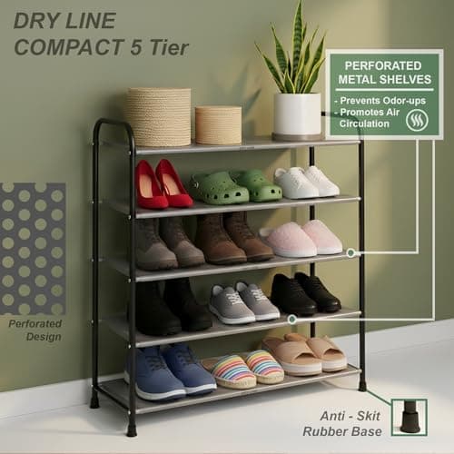 DRY LINE 5 Tier Metal Shoe Rack Heavy Duty Powder Coated | Compact Perforated Chappal Stand Organizer for Home Office | Made in India (Black) 4