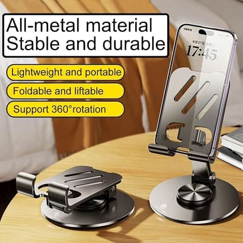 Dailymates TS01 Mobile Stand, 360° Rotatable Phone Stand for Table, Multiple Height & Angle Adjustments, Stable Metalic Round Base with Silicon Pad, Compatible with All Smartphones & Tablets 2
