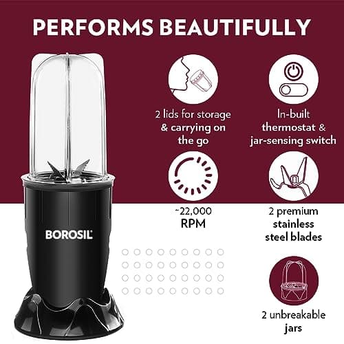 Borosil 400W Nutrifresh Black Blender | 2 Jars (500ml Direct Drink/Smoothie Jar + 300ml Chutney Jar) | Made in India Blender | Stainless Steel Blade, Compact Design | 2 Year Warranty 4