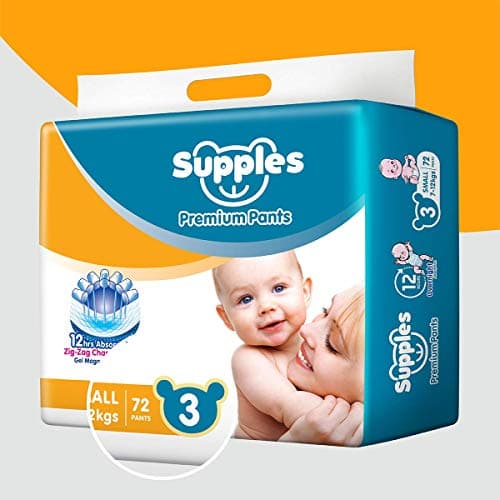Amazon Brand - Supples Premium Baby Diaper Pants | 72 Baby Diapers | Medium | 7-12 Kg | 12 Hrs Absorption | Cushiony Cotton Soft Fabric | Phthalates-Free | Triple Leak Guard 3