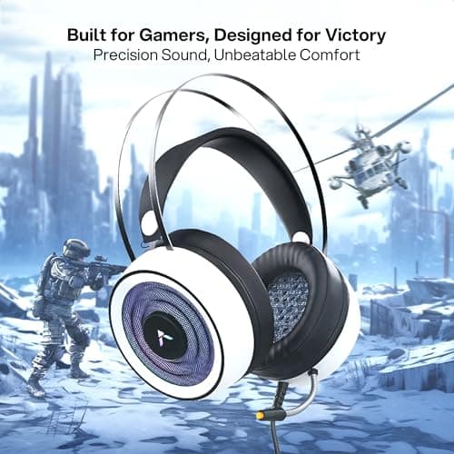 Adcom Striker USB Wired Over-Ear Gaming Headphones, RGB LED, 50mm Drivers, Omni-Directional Mic, Comfortable Design, Breathable Earcups, 3.5mm + USB, 2m Braided Cable, Noise Cancellation Mic (White) 2