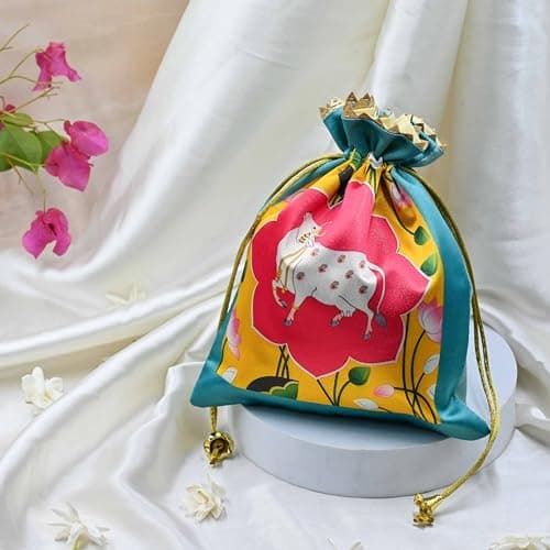 India Gift Hub | Assorted Lotus Cow Decorative | Printed Silk Potli |Traditional Elegance Cow Print | Pichwai Potli Batwa | Bag with Modern Handle (Pack of 20) 4
