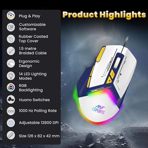 Ant Esports GM333 RGB Wired High End Optical Ergonomic Gaming Mouse with 12800 DPI 1.5M Braided Cable Comes with Latest Inbuilt Software Huano Switches with Rubber Coated Topcover -Blue/White/Yellow 2