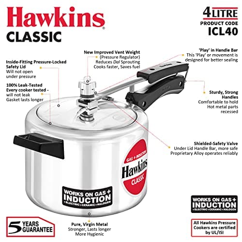 Hawkins Aluminium 4 Litre Classic Pressure Cooker, Induction Inner Lid Cooker, Silver (Icl40) 3