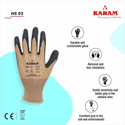 Karam HS02 Latex Coated Safety Work Gloves | Excellent Grip in Dry & Wet Conditions | Durable & Comfortable Glove with High Dexterity | Abrasion & Tear Resistant Hand Gloves | Size-M | Pack of 10 2