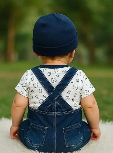 Nexora India Pvt Stylish Kids Denim Dungaree Dress with Alphabet Print T Shirt | Soft Cotton Blend Baby Outfit Cream-White 6-12 Months 3