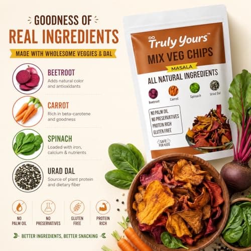 Truly Yours Mix Veg Chips Masala | Healthy Vegetable Chips Snack Made with Beetroot, Carrot, Spinach & Methi Dana | Gluten Free | No Palm Oil | No Preservatives | Crunchy Kids & Tea Time Snack 2