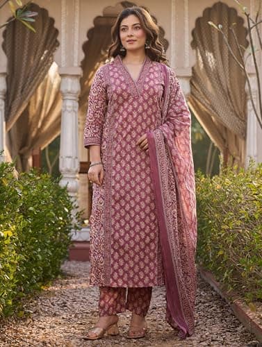 Arayna Women’s Cotton Printed Kurta Set with Pants & Dupatta | Elegant Ethnic Wear for Women | Floral Print | Comfortable Suit Set, Mauve Pink, X-Large 4