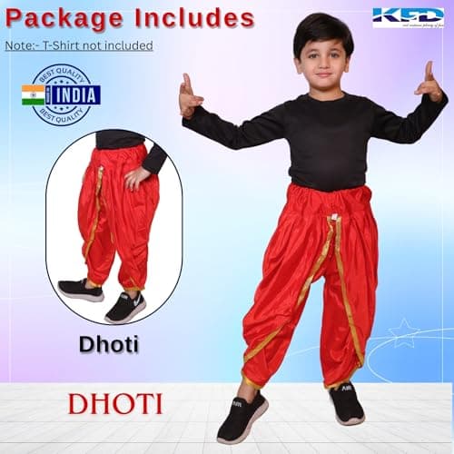 Kaku Fancy Dresses Red Dhoti For Kids, 7-8 Y, Unisex, Traditional, Polyester, Lightweight, Pull-On, Solid 2