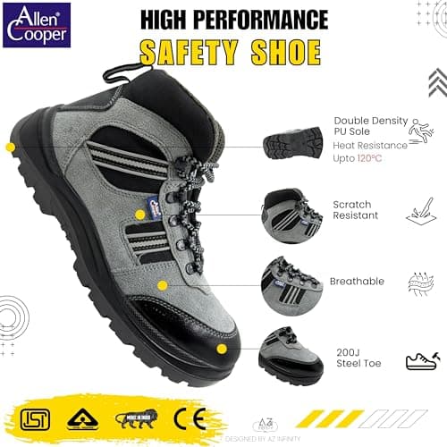 Allen Cooper AC-1157 Hi-Ankle Leather Safety Shoe (Size 9 UK/India) Grey 5