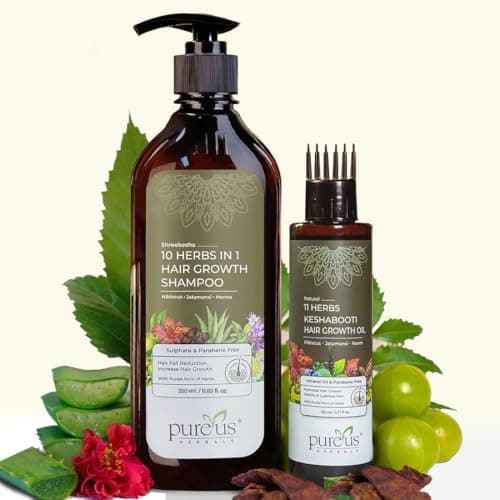 Pureus Herbals 10 Herbs in 1 Hair Growth Shampoo & 11 Herbs Keshabooti Growth Oil Combo | Reduces Fall, Boosts Growth | Sulphate, Paraben & Mineral Oil Free (460 ml)