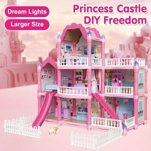 Big Style 3-Story Princess Dollhouse with Slide & Furniture | Luxury Pink Castle Doll House Toy for Girls | DIY Pretend Play Villa Playset Birthday Gift for Kids (195 pcs) 2