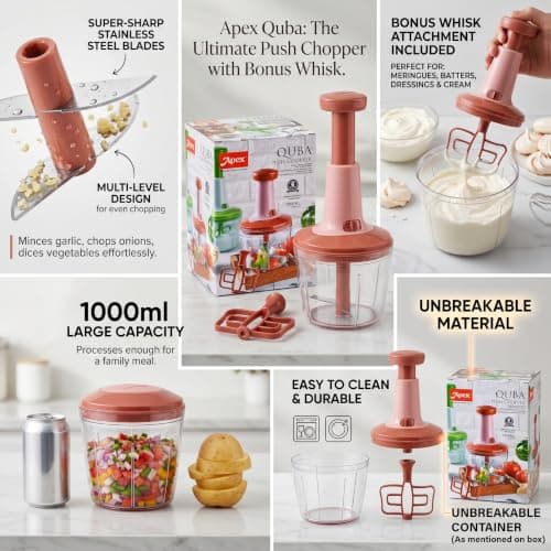 Apex Quba Manual Push Chopper (1000ml) | Heavy Duty Vegetable Chopper & Mixer with 3 Sharp Stainless Steel Blades & Whisk Attachment for Chopping, Blending & Pureeing (Pink/Burgundy) 3