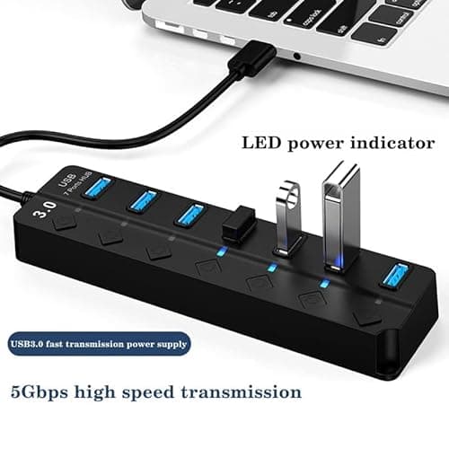 ADZOY Powered USB Hub 3.0, 7-Port USB Data Hub Splitter with One Smart Charging Port and Individual On/Off Switches and 5V/1A Power Adapter USB Extensionfor Laptop, PC, Computer, Mobile HDD 5