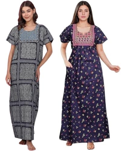 NILOUFO Women's Cotton Jaipuri Nighty Gown – Pack of 2 Rajasthani Print Night Dresses | Maxi Sleepwear with Pocket | Soft Embroidered Loungewear for Ladies (NAVYBLUE,DARKBLUE, Free Size)