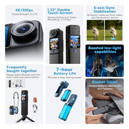 SJCAM C300 4K Pocket Action Camera,7Hour Power, 6-Axis Stabilizer, Dual-Touch Screen Body Camera, Waterproof, Suitable for Vlogging and Live Streaming, with Helmet Mount Kits, Black (64GB SD Card) 4