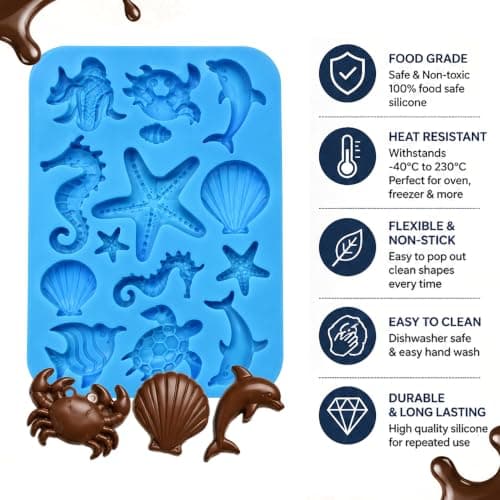 BAKEMO 14 Cavity Ocean Theme Silicone Chocolate Mould | Sea Animal & Seashell Shape | Food Grade BPA-Free Flexible Non-Stick Reusable Mold for Chocolate, Candy, Jelly, Ice Cubes, Resin & DIY Crafts 4