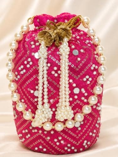 ATHZ potli Rani color || Mirror Work damru shaped || white beads embellishment potli bag for women || Wedding | Party | Anniversary || return gifting 5
