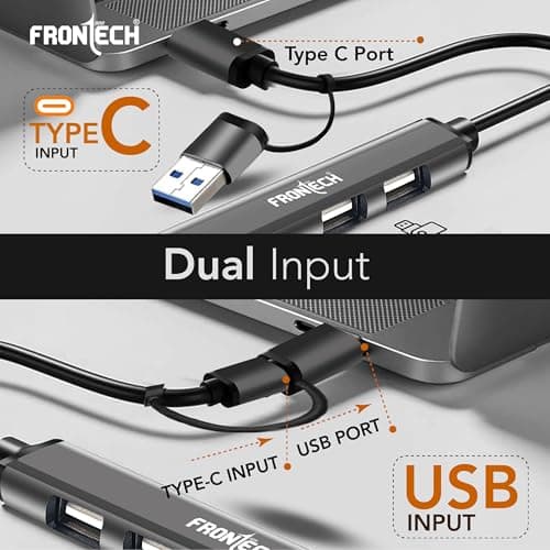 Frontech 7-in-1 Slim USB Hub Dock, 1×USB 3.0 High-Speed 5Gbps + 6× USB 2.0 Ports, Dual Input (USB + Type-C), Metal Matte Finish, Wide Compatibility for Laptop, PC, Mac, Android, Tablet, Camera etc 3