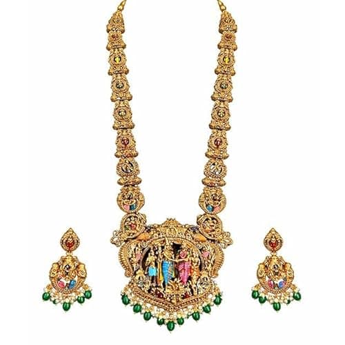 Visaga Aura Premium Sita Ramam Temple Jewellery Long Haram Set for Women | Antique Gold Plated Bridal Necklace with Rama Sita Lakshmi Motifs & Pearl Danglers | Traditional South Indian Wedding Jewelle
