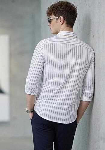 U TURN Men's Casual Printed Striped Stylish Latest Formal Shirt for Men (in, Alpha, S, Regular, White-Blue) 3