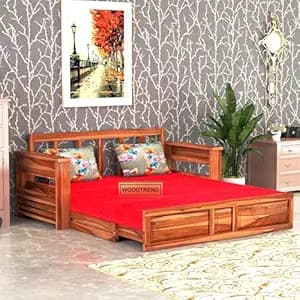 Solid Sheesham Wooden Sofa Cums Bed with Mattresses for Living Room|Rosewood 3-Person Sofa Cums Bed for Bedroom Without Pillow (G-Natural, 3 Seater)