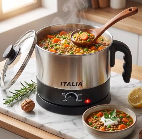ITALIA Premium Electric 750W Multi Kettle 1.2L with Stainless Steel Body, Egg Rack, Grill Rack, 3 Heating Modes & Rapid Boil Technology, Boiling Water, Tea, Coffee, Oats, Noodle, Soup, Black
