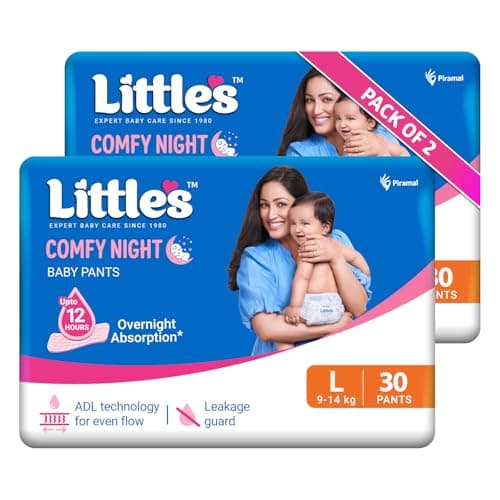 Little's Baby Diapers L Size (Large) Pants Style | 9-14 kg | 60 Count | Comfy Nights Baby Diaper Pants with Leakage Guard & Upto 12 Hours Absorption (30 Count, Pack of 2)