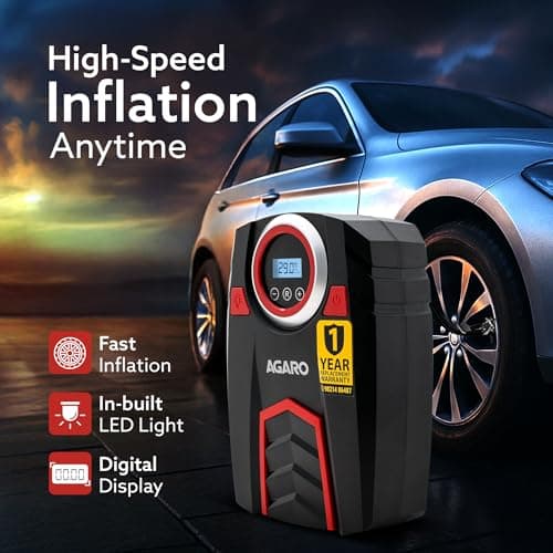 AGARO Marvel Tyre inflator, for Cars, 12V, Upto 150 PSI, 120 W Powerful Motor, Up to 3M Long Cable, Digital Display, Multiple Nozzles 2