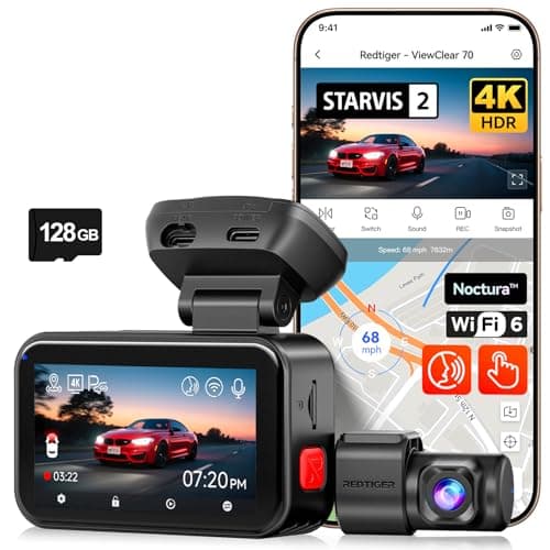REDTIGER VC70 Dash Cam 4K Front and Rear 2.5K, STARVIS 2 IMX678 x Wondrix, Dual HDR Starlight Night View Mode, 5.8GHz WiFi6 30MB/s, 3" Touchscreen with Voice Control, Parking Mode, 128GB Card Included