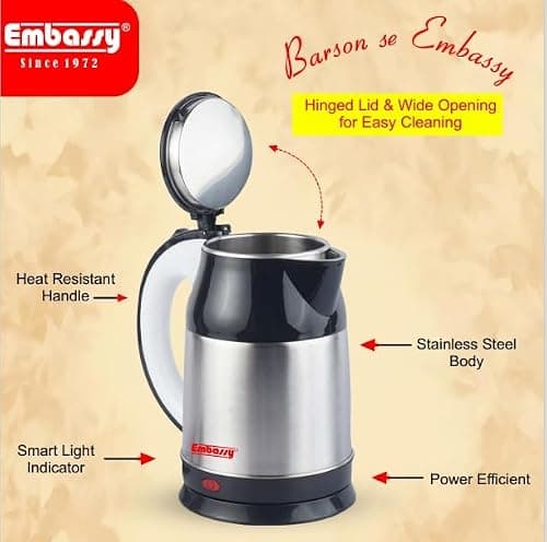 EMBASSY Electric Multipurpose Kettle Stainless Steel 1.5 L |Used for boiling Water and milk, Noodles, Soup etc.| 1000W | Auto Shut-Off | 360° Rotating Base | 2 YEAR WARRANTY 3