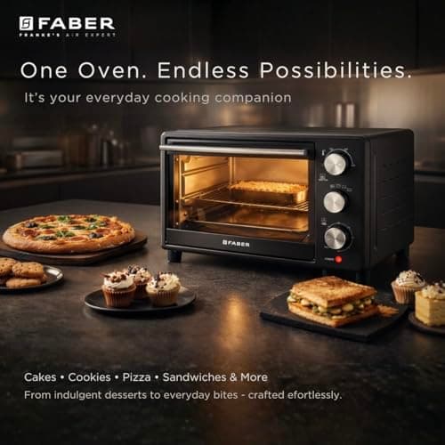 Faber FOTG 24L Neo|1500 Watts OTG|Bake,Toast, Grill| 4 Stage Functions,Upper & Lower Heating|Cool-Touch Handle, Heat Resistant Glass, Indicator Light, Auto-Shut, Ready Bell| Removable Crumb Tray 3