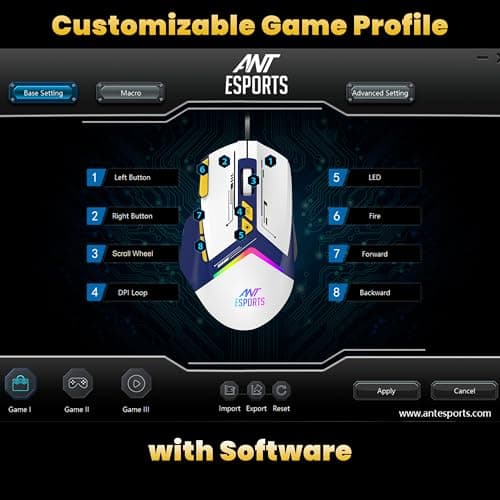 Ant Esports GM333 RGB Wired High End Optical Ergonomic Gaming Mouse with 12800 DPI 1.5M Braided Cable Comes with Latest Inbuilt Software Huano Switches with Rubber Coated Topcover -Blue/White/Yellow 4
