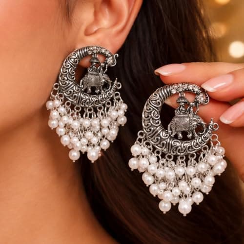 Vintage Oxidised Silver Elephant Pearl Drop Earrings for Women & Girls | Boho Tribal Chandbali Earrings | Traditional Ethnic Statement Jewelry | Party, Festive 2