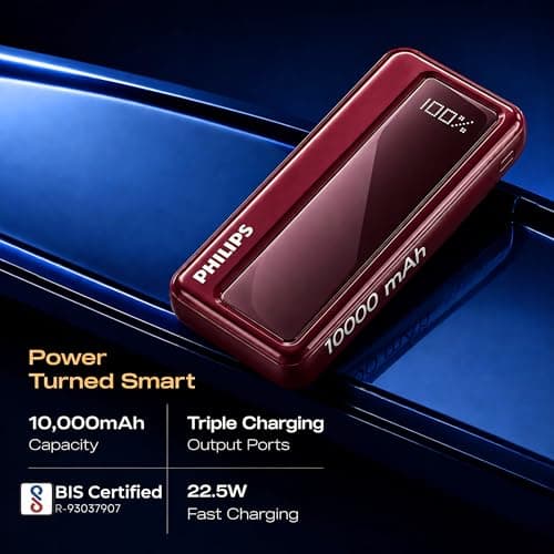 Philips 10000mAh 22.5W Fast Charging Power Bank (Iron Red) with Digital LED Display | Type-C & USB-A Input/Output | 3 Output Ports | Lithium Polymer Battery | Portable for Mobile, Tablet & Earbuds 2