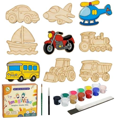 ImagiVibe Paint Your Own 9 Transport Vehicles Fridge Magnet DIY Kit for Kids | Transport Theme MDF Painting Craft Set | Creative Art & Craft Activity | Made in India (Transport)