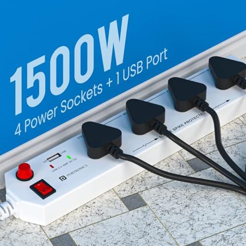 Portronics Power Plate 4 Extension Board with 4 Universal Sockets, USB Charging Port, 1.5 Meter Long Cord, 1500 Watts, Child Safety Shutter, 3 Pin Multi Plug for Home Appliances (White) 3