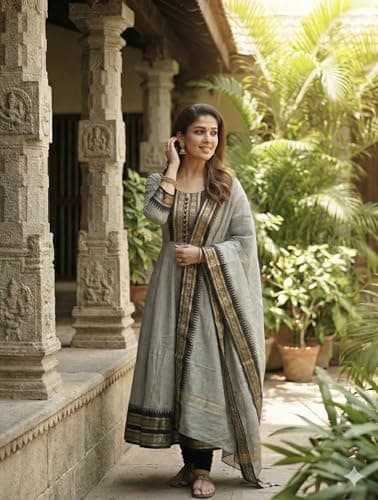 Shreeaanta Elegant Zari Jacquard Weaving Gown for Women with Lace Border Dupatta | Traditional Indian Ethnic Wear for Wedding, Festival, Party & Special Occasions (in, Alpha, M, Regular, Cream) 2