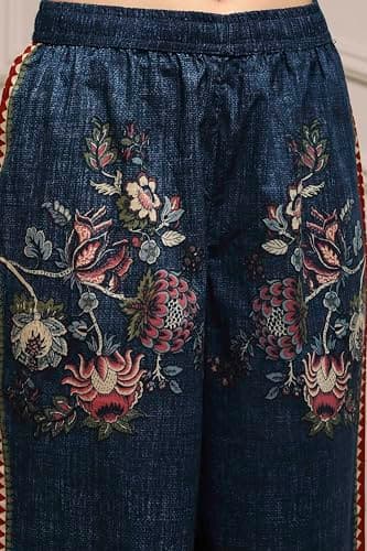 Biba Women Blue Cotton Straight Printed Kurta Pants Set_34 4