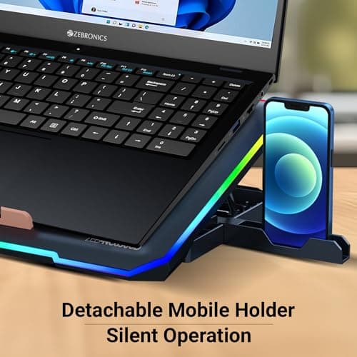 ZEBRONICS NC6500D Laptop Cooling Pad with Support up to 17 inch (43.18 cm) Laptops, Hexa Fans, Speed Control, RGB LED, Detachable Mobile Holder, 5 Step Retractable Stand, Built in USB Ports (Black) 4