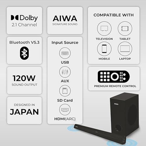 Aiwa Signature Sound | Soundbar with Bluetooth V5.3 and Powerful Bass, 5.25 Inches Subwoofer, 2.1 Channel with Remote Control, SD Card HDMI AUX USB 120W Surround Sound | KANDO - AW-SSB120 (Black) 2