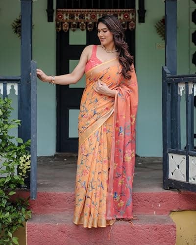 Kaugalian store Linen Cotton Floral Printed Peach Saree For Women With Unstitched Blouse Piece 2