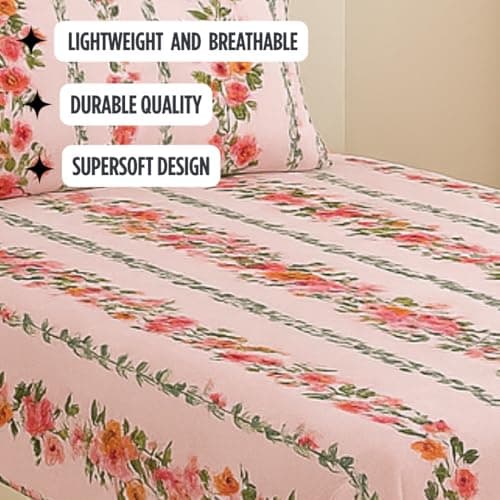 BSB HOME Flat Bedsheet for Single Bed with 1 Pillow Cover | Soft Touch Cotton | Comfortable & Durable | Size 90 x 60 Inch | Elegant Printed Bedding Set for Daily Use, Color - Pink Floral 5