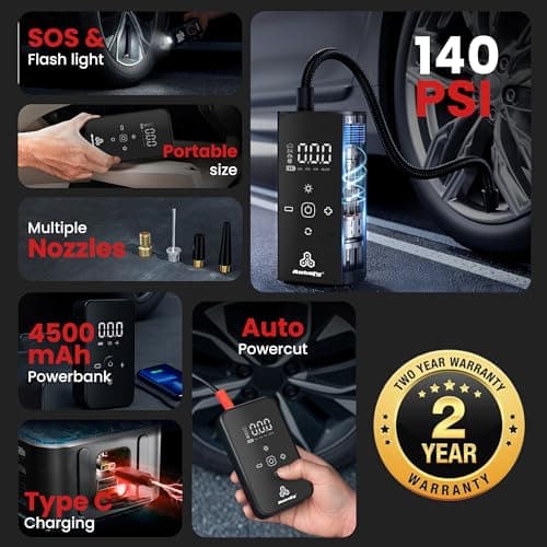 Autofy AirBit 2 Years WARRANT'Y Dual Power Mode Battery & Corded [22mm Cylinder Most Heavy Duty] 140PSI Car Tyre Inflator Pump - 90W Copper Motor - 4500mAh Mobile Power Bank - 4 Mins Fast Inflation 5
