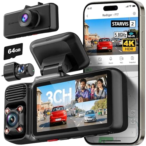REDTIGER F17 2026 Edition 4K 3 Channel Dash Cam for Car, Upgraded STARVIS 2 IMX675 Sensor, 4K Front + 1080P Cabin + 1080P Rear, 5.8GHz WiFi + GPS, IR Night View, WDR, 64GB Card Included