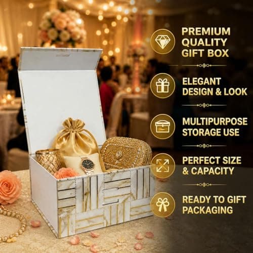Aakriti Marble Gold Foil Gift Box Medium | 26 x 26 x 10 cm Hamper Box for Gifts, Chocolates & Jewellery Empty Gift Box with Satin Ribbon | Holds Up to 8 kg | Floral White Gold (1 Pack) (1 Pack) 3